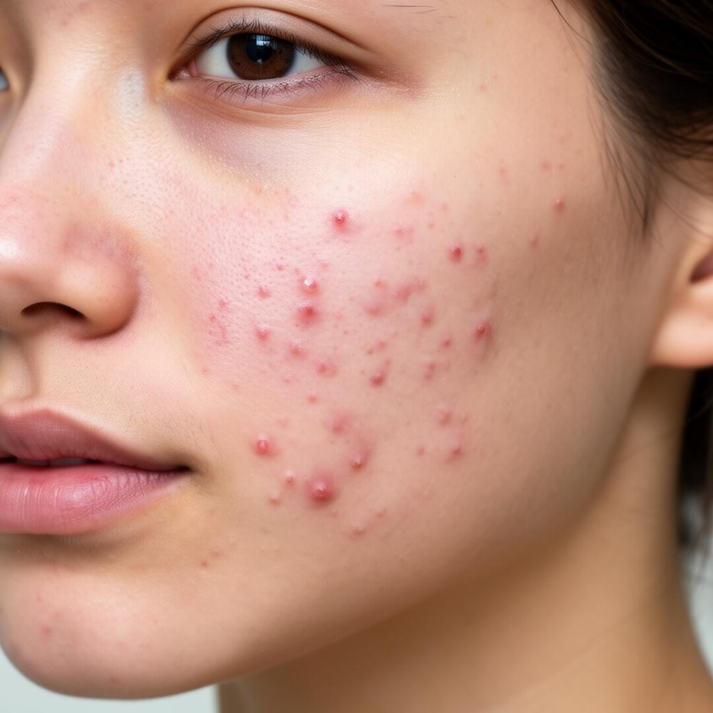 Mild inflammatory acne reference photo on cheek and jawline (close-up at ~25 cm)