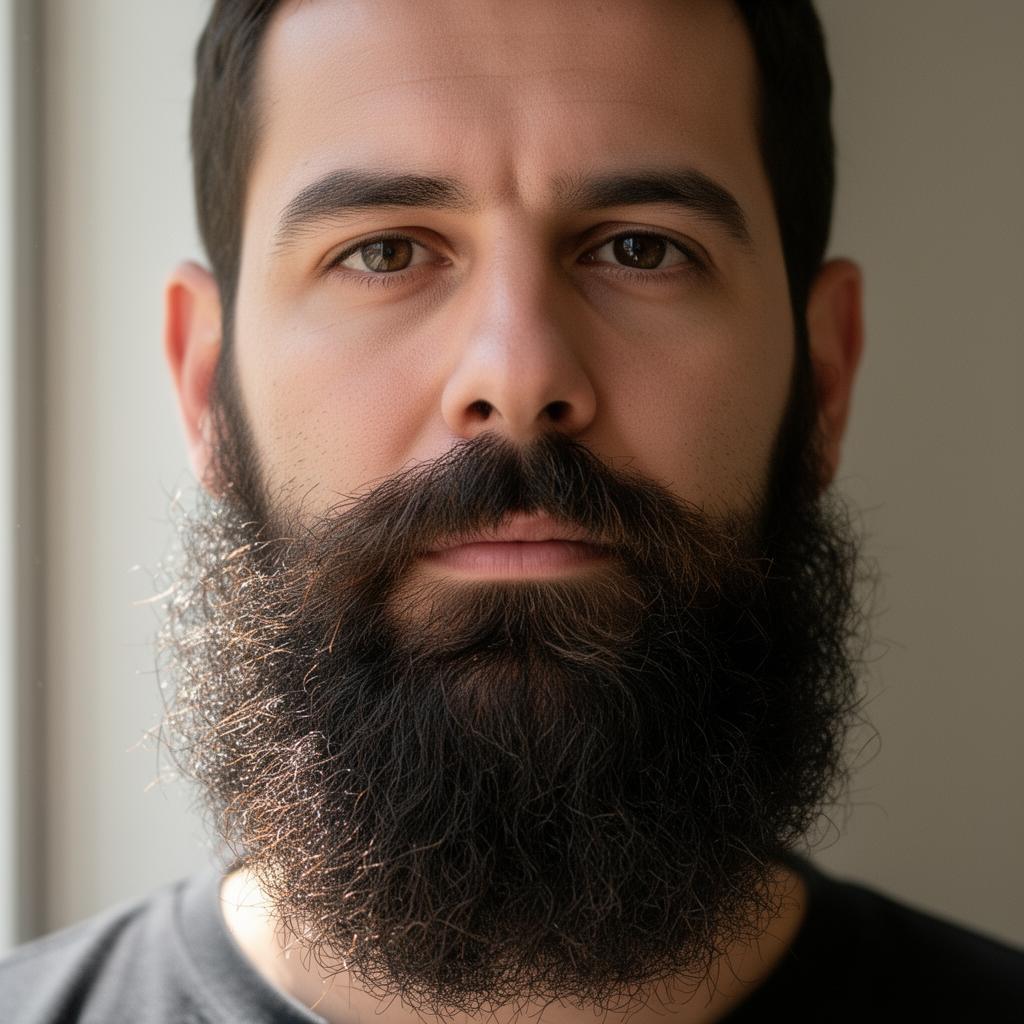 Real photo of a bearded man, front view close-up at ~25 cm, soft side light