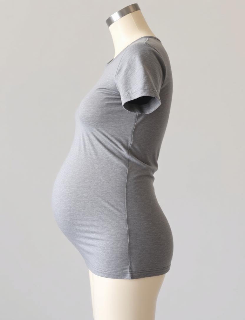 Pregnancy side profile reference photo, chest to hips, plain background