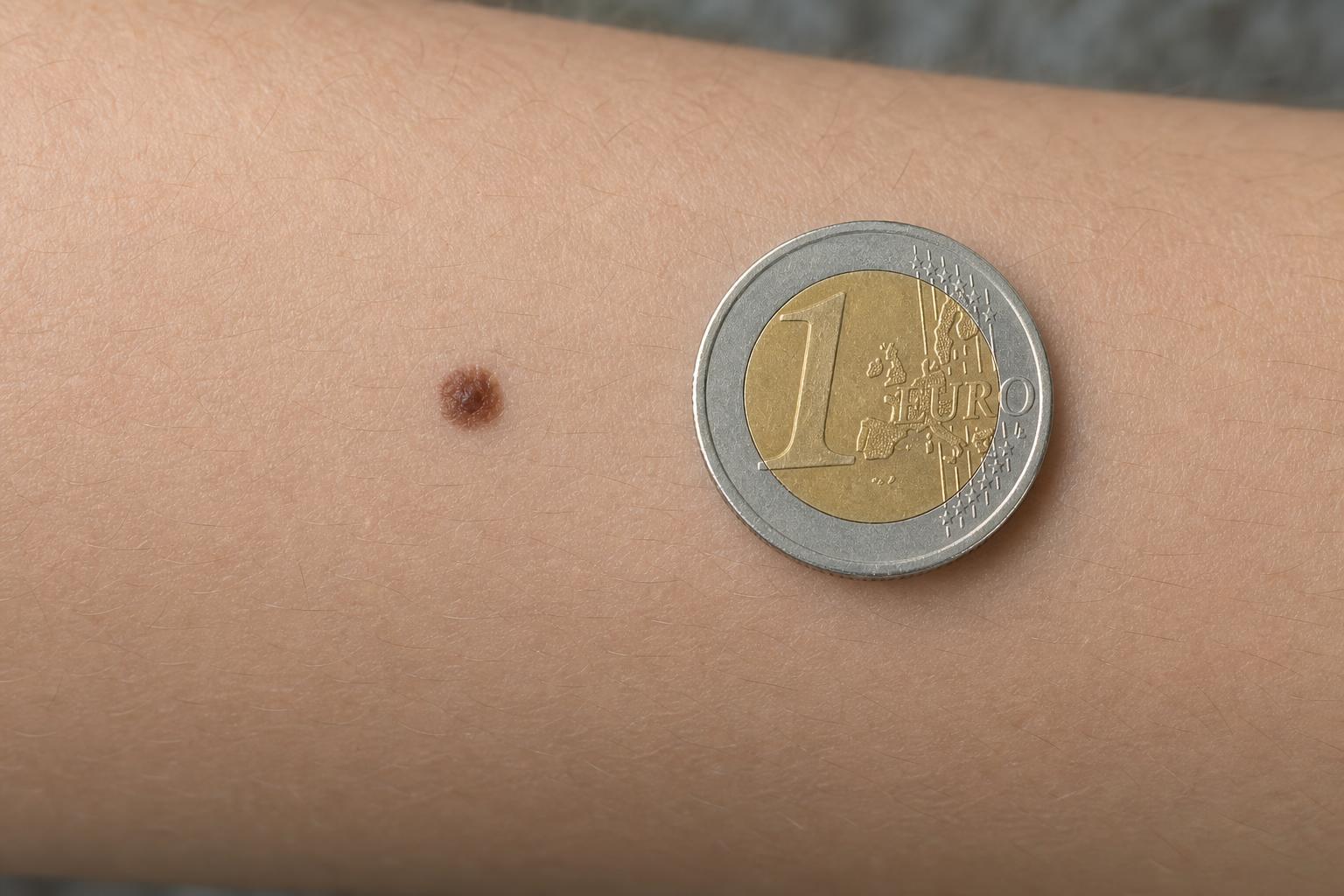 Macro skin photo with 1 euro coin as scale reference