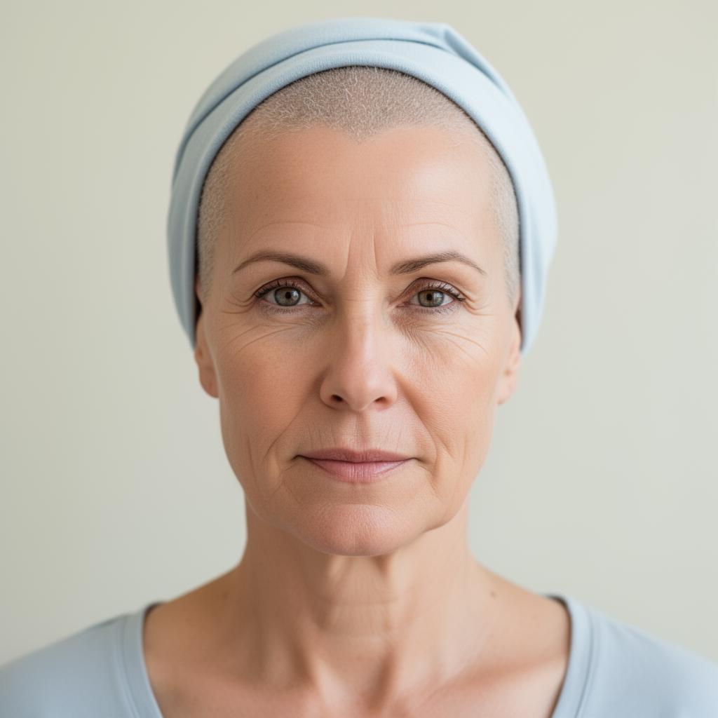 Oncology recovery reference photo: face and neck only, soft indirect daylight