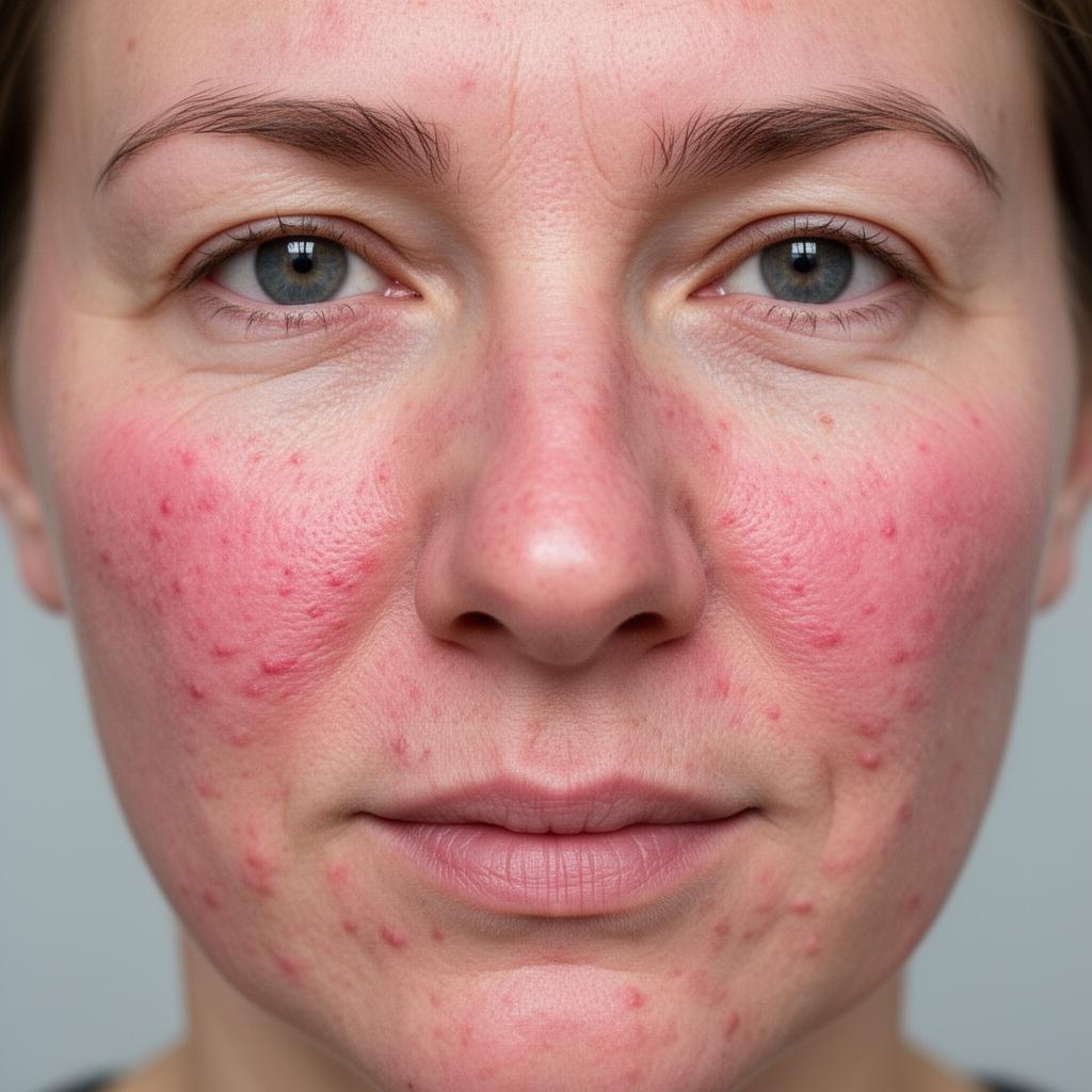 Real reference photo of rosacea / reactive skin — diffuse central facial redness with fine capillaries, no makeup, neutral daylight